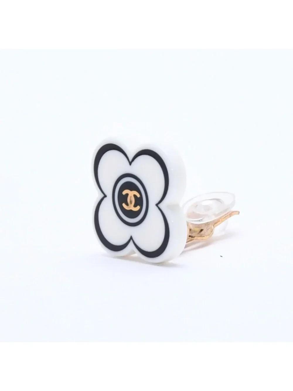 Chanel CC Logo Earrings 02 Flower Motif Camellia White Black Resin